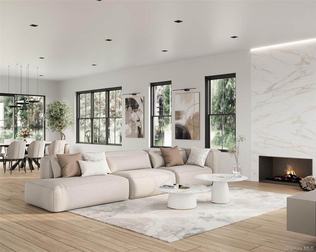 Dining room, Fireplace, Interior, Living room, Marble Walls, Pendant Lights, Recessed Lighting, Wood Texture Flooring