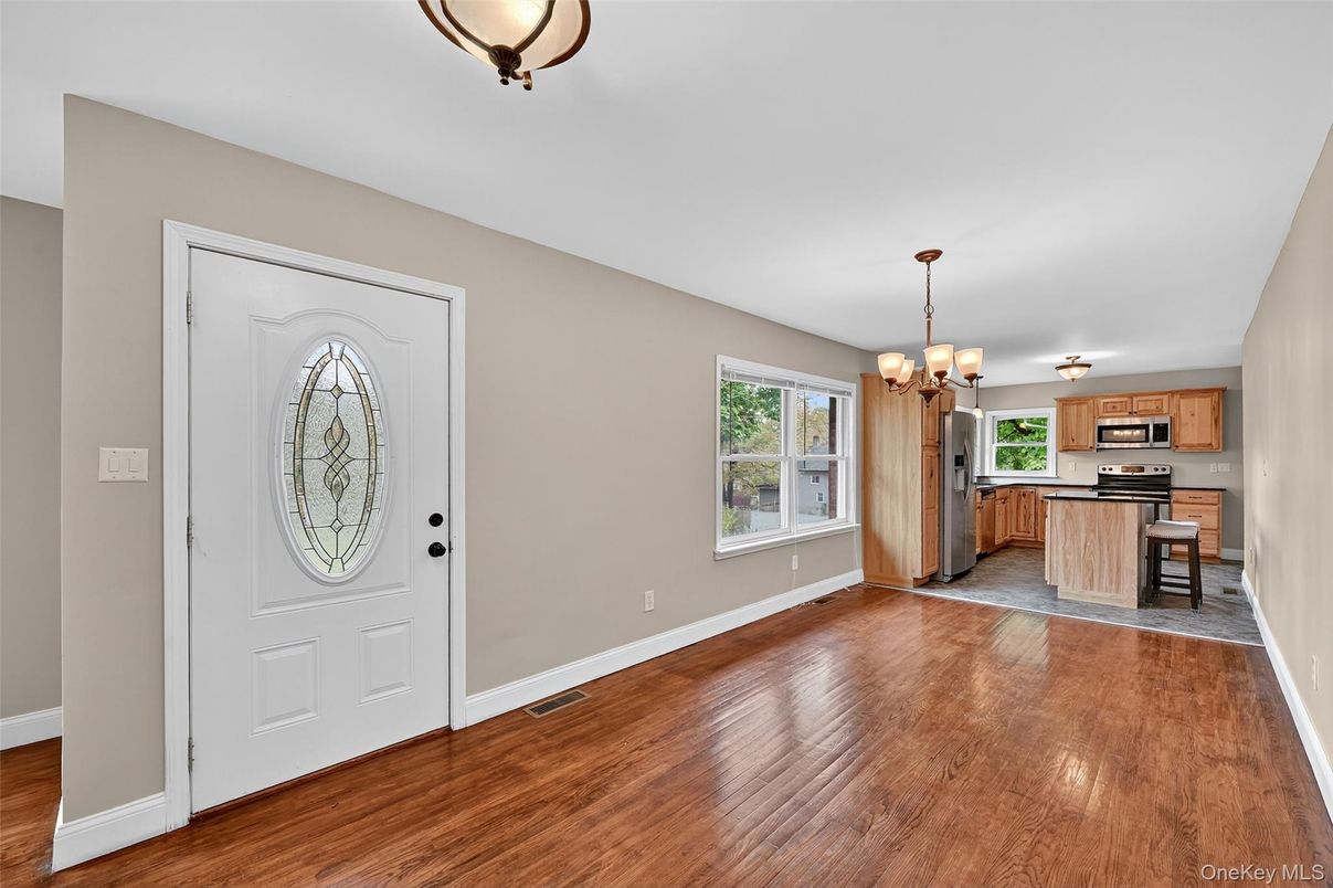 Chandelier, Empty room, Interior, Kitchen, Stainless Steel Appliances, Wood Texture Flooring