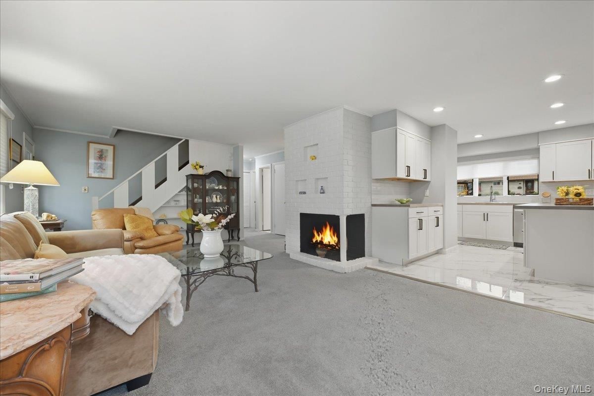 Fireplace, Interior, Kitchen, Living room, Marble, Recessed Lighting, Stone Walls