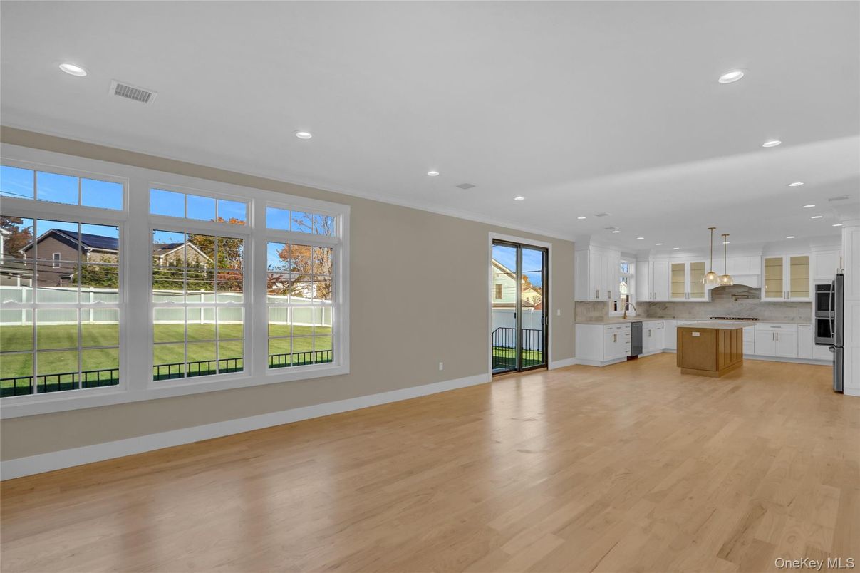 Empty room, Interior, Kitchen, Pendant Lights, Recessed Lighting, Wood Texture Flooring