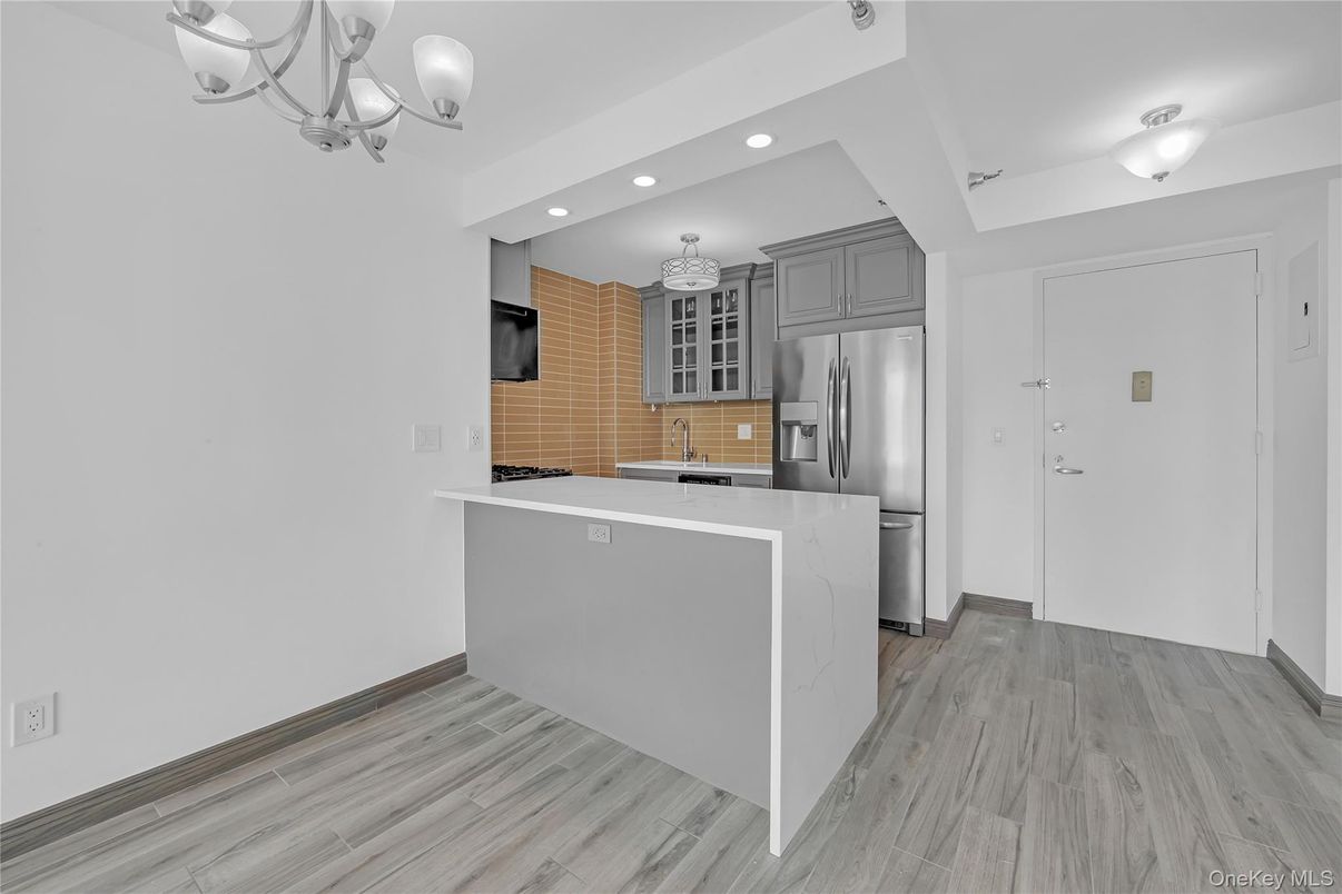 Chandelier, Interior, Kitchen, Recessed Lighting, Stainless Steel Appliances, Wood Texture Flooring