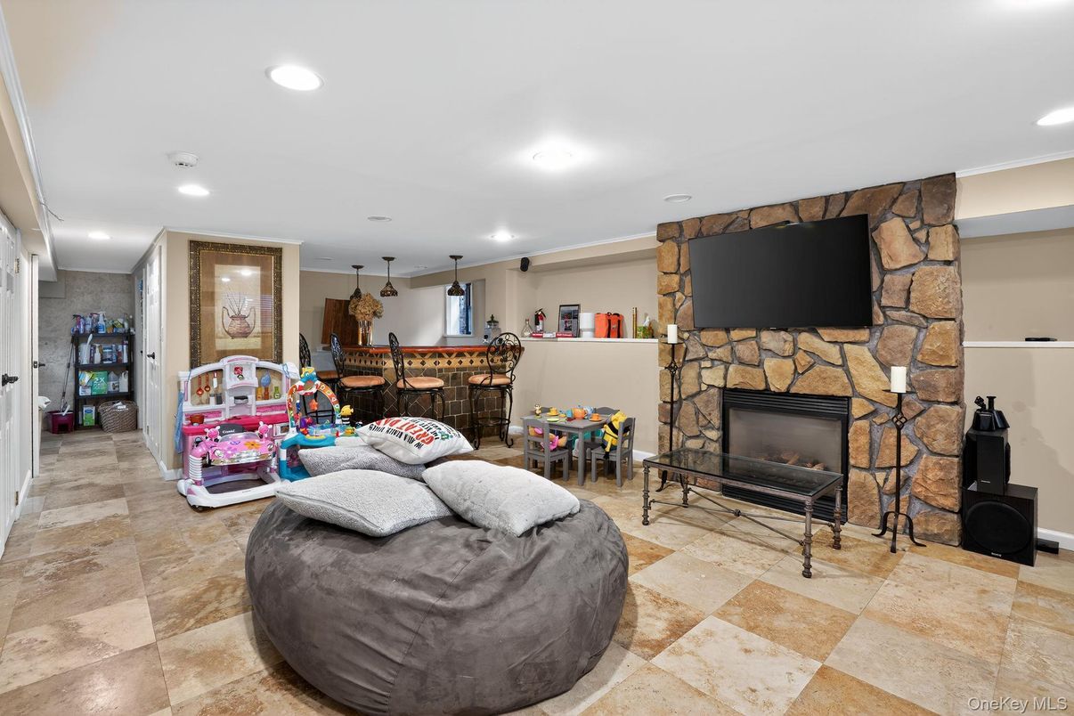 Fireplace, Game Room, Interior, Pendant Lights, Recessed Lighting