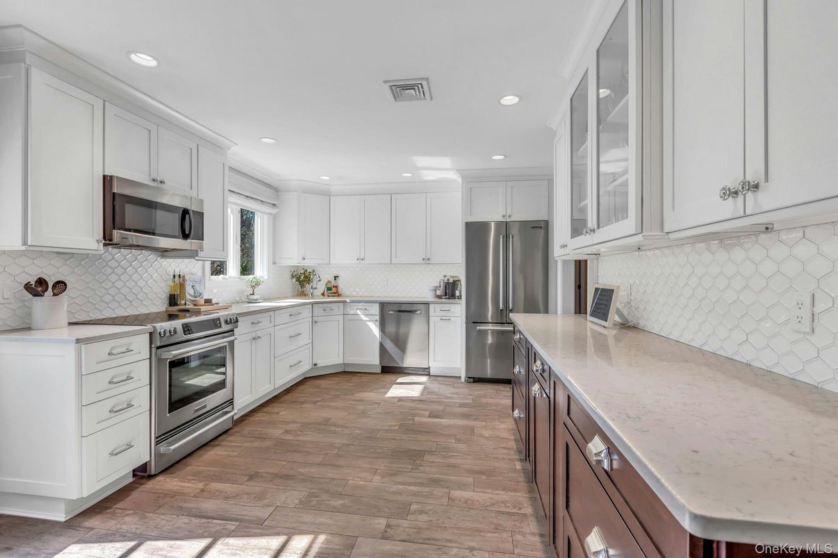 Interior, Kitchen, Recessed Lighting, Stainless Steel Appliances, Wood Texture Flooring