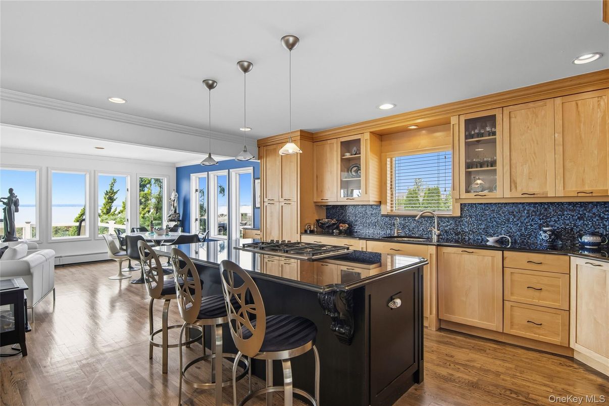 Dining room, Interior, Kitchen, Pendant Lights, Recessed Lighting, Water, Wood Texture Flooring