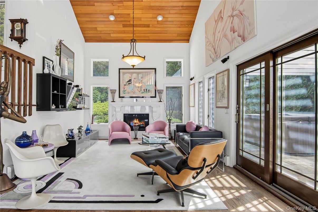 Fireplace, Interior, Living room, Pendant Lights, Recessed Lighting, Wooden Ceilings, Wood Texture Flooring