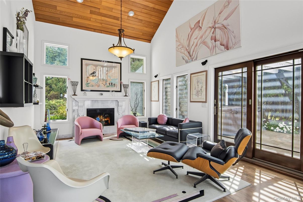 Fireplace, Interior, Living room, Pendant Lights, Wooden Ceilings