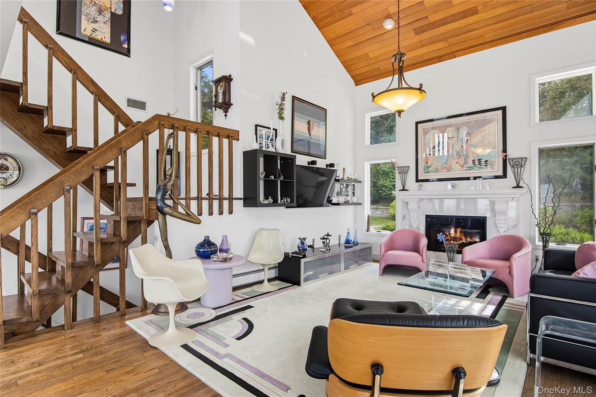 Fireplace, Interior, Living room, Pendant Lights, Wooden Ceilings, Wood Texture Flooring