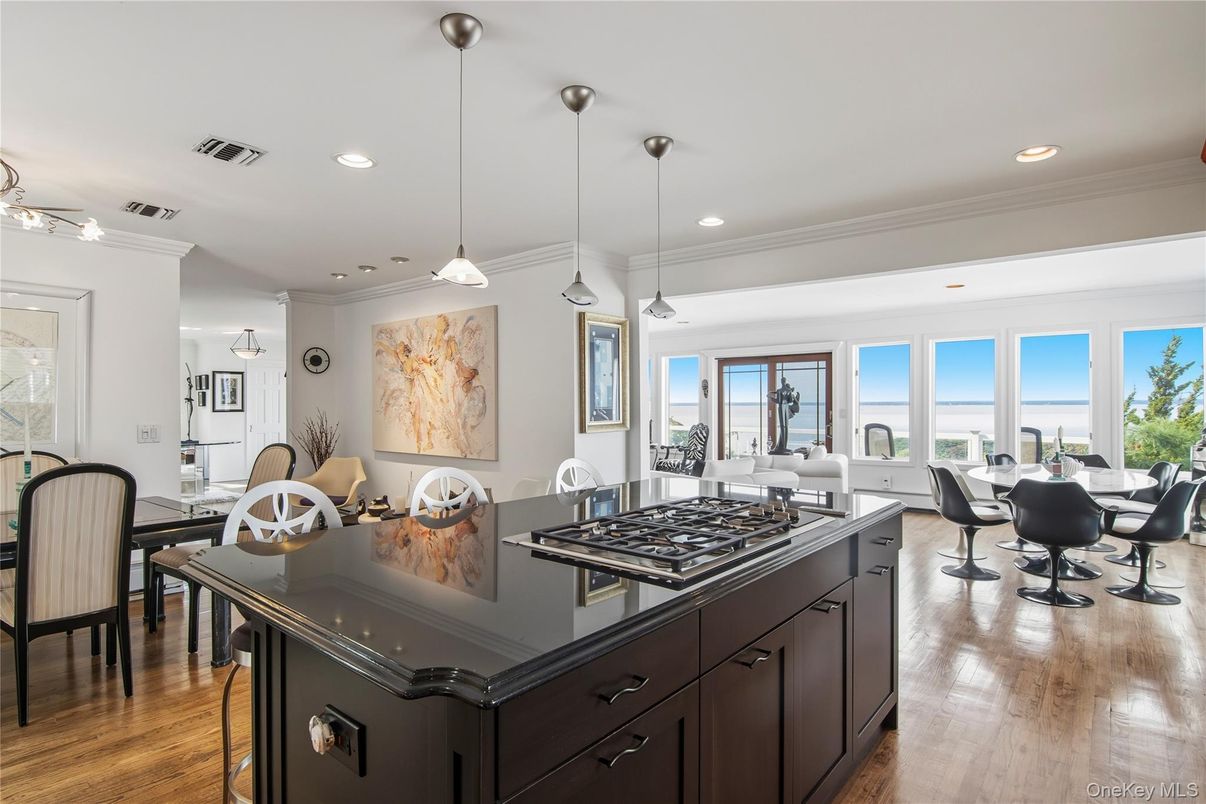 Dining room, Interior, Kitchen, Pendant Lights, Recessed Lighting, Water, Wood Texture Flooring