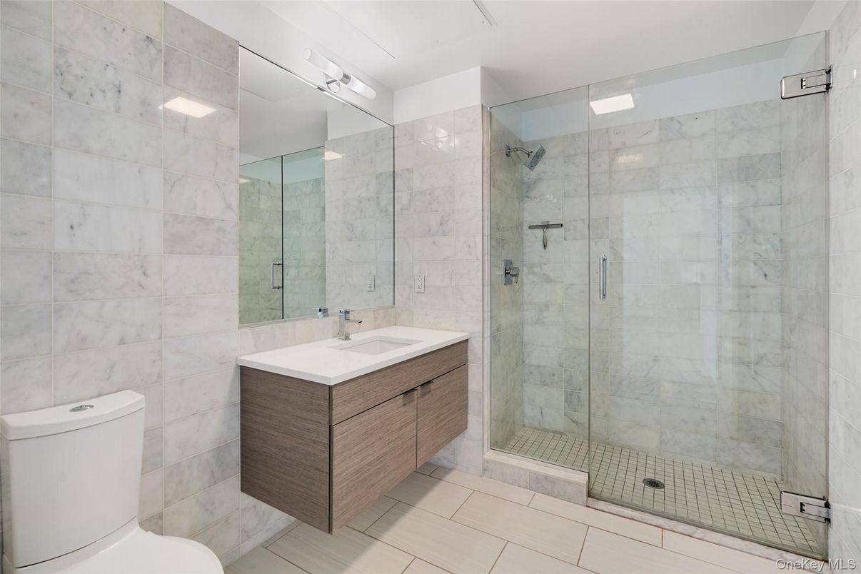 Bathroom, Glass Shower, Interior, Marble Walls, Recessed Lighting