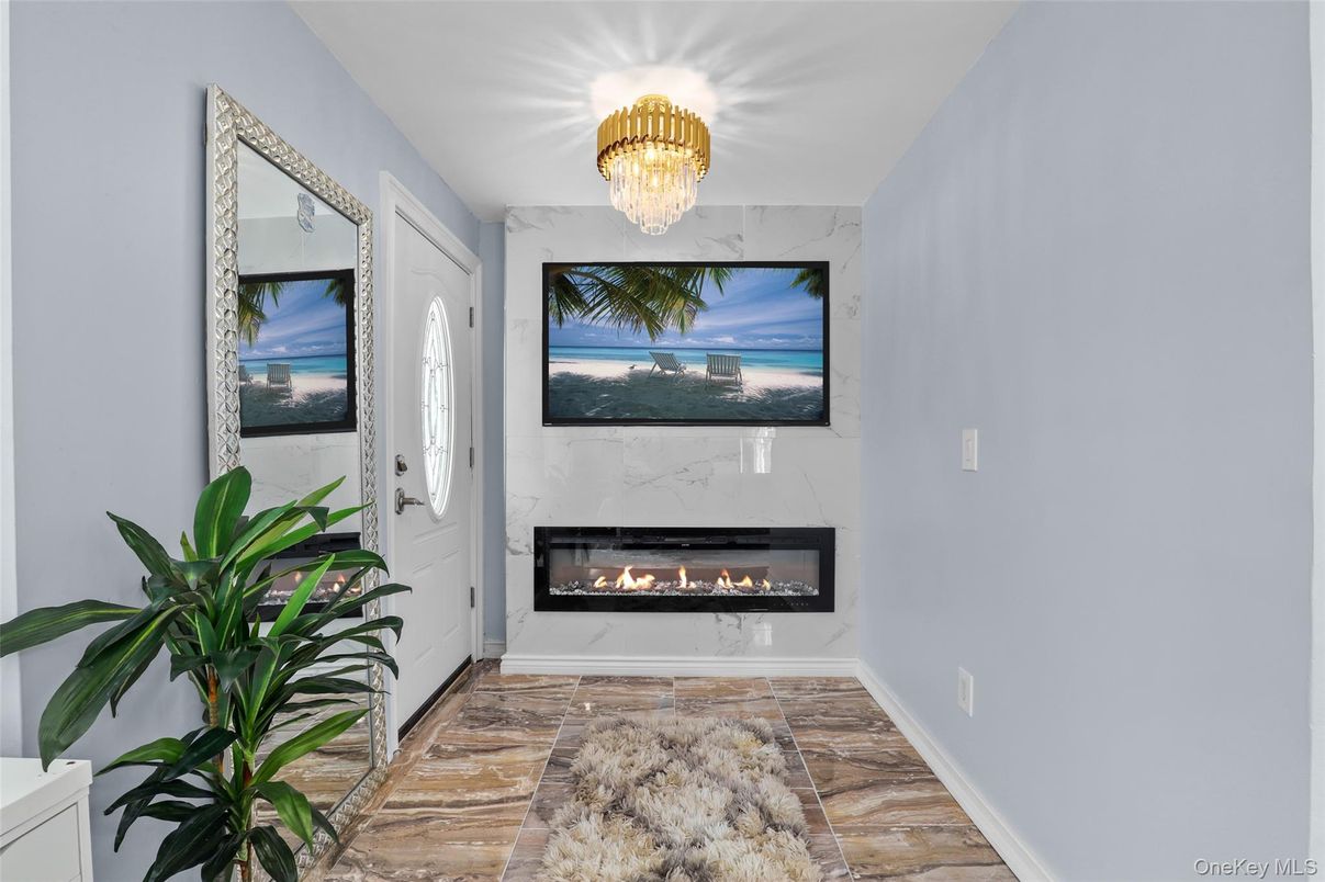 Chandelier, Fireplace, Interior