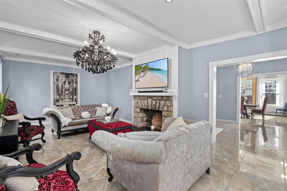 Chandelier, Fireplace, Interior, Living room, Recessed Lighting