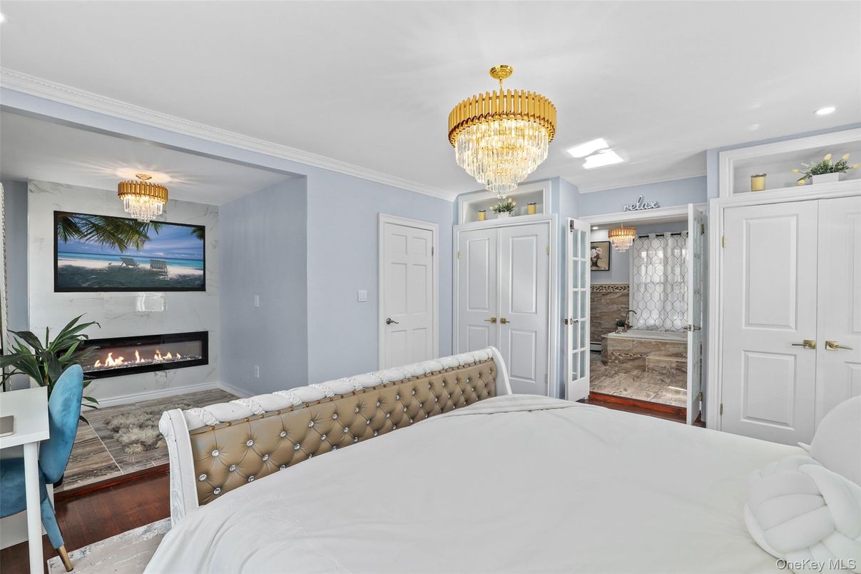 Bedroom, Chandelier, Fireplace, Interior, Recessed Lighting