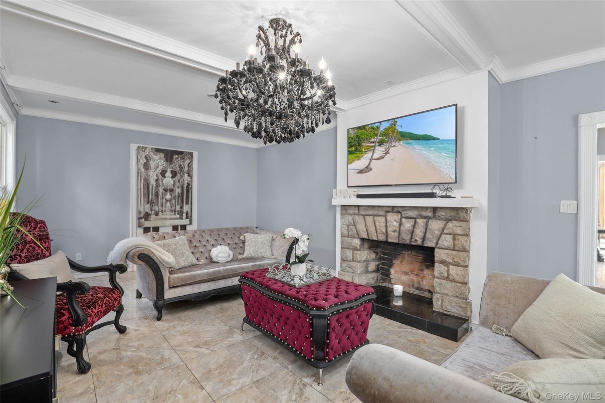 Chandelier, Fireplace, Interior, Living room