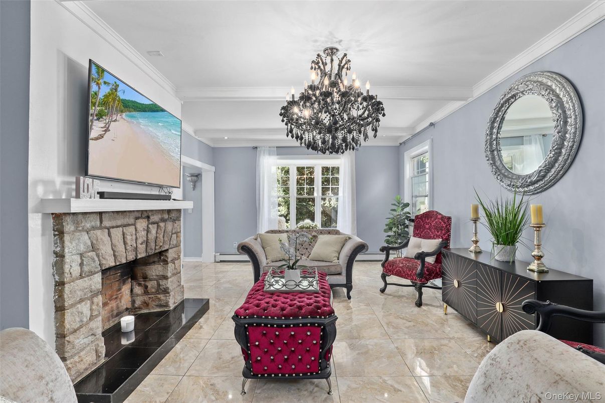 Chandelier, Fireplace, Interior, Living room