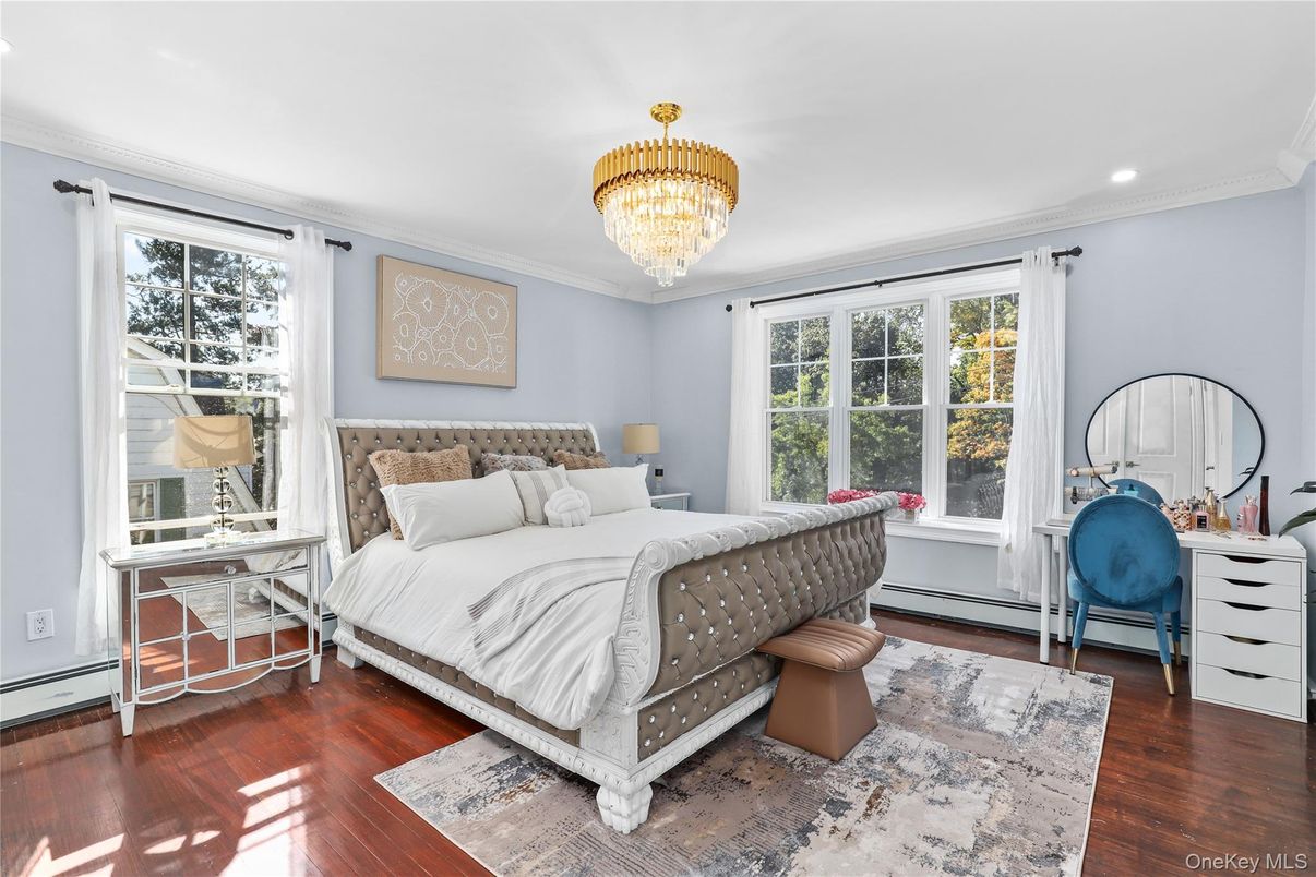 Bedroom, Chandelier, Interior, Recessed Lighting, Wood Texture Flooring