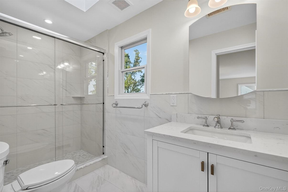 Bathroom, Glass Shower, Interior, Marble, Marble Walls, Recessed Lighting