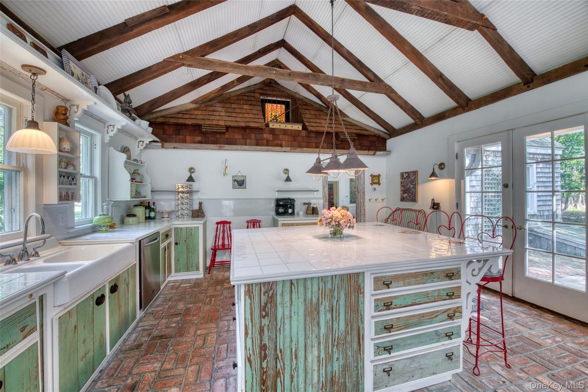 Interior, Kitchen, Pendant Lights, Stainless Steel Appliances, Tile Countertops, Wooden Beams