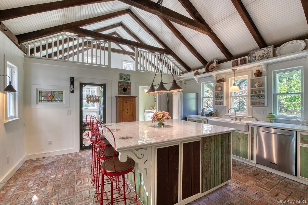 Interior, Kitchen, Pendant Lights, Stainless Steel Appliances, Wooden Beams
