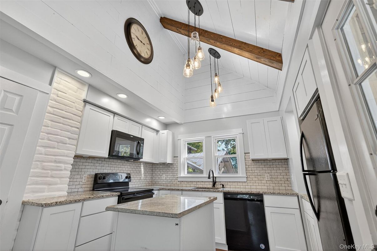 Interior, Kitchen, Pendant Lights, Recessed Lighting, Stone Walls, Wooden Beams