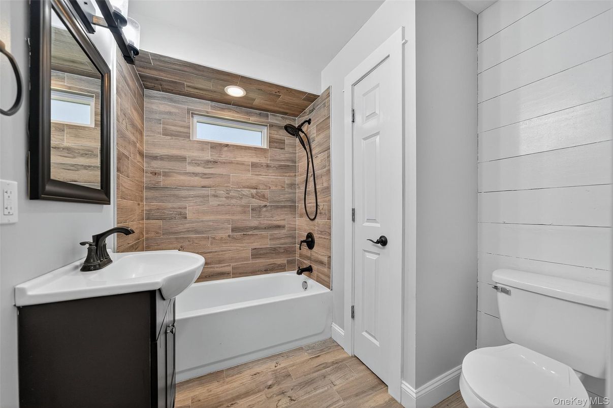 Bathroom, Interior, Recessed Lighting, Wood Texture Flooring, Wooden Walls