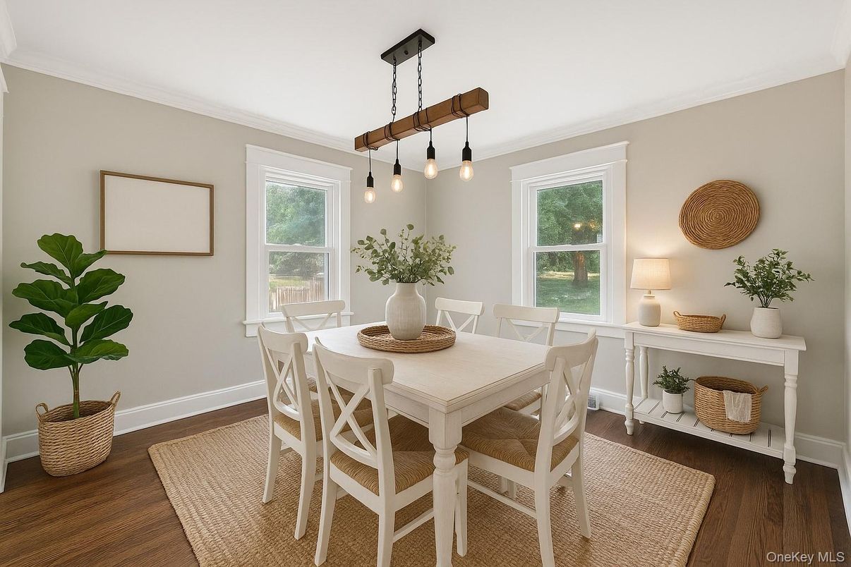 Dining room, Interior, Pendant Lights, Wood Texture Flooring