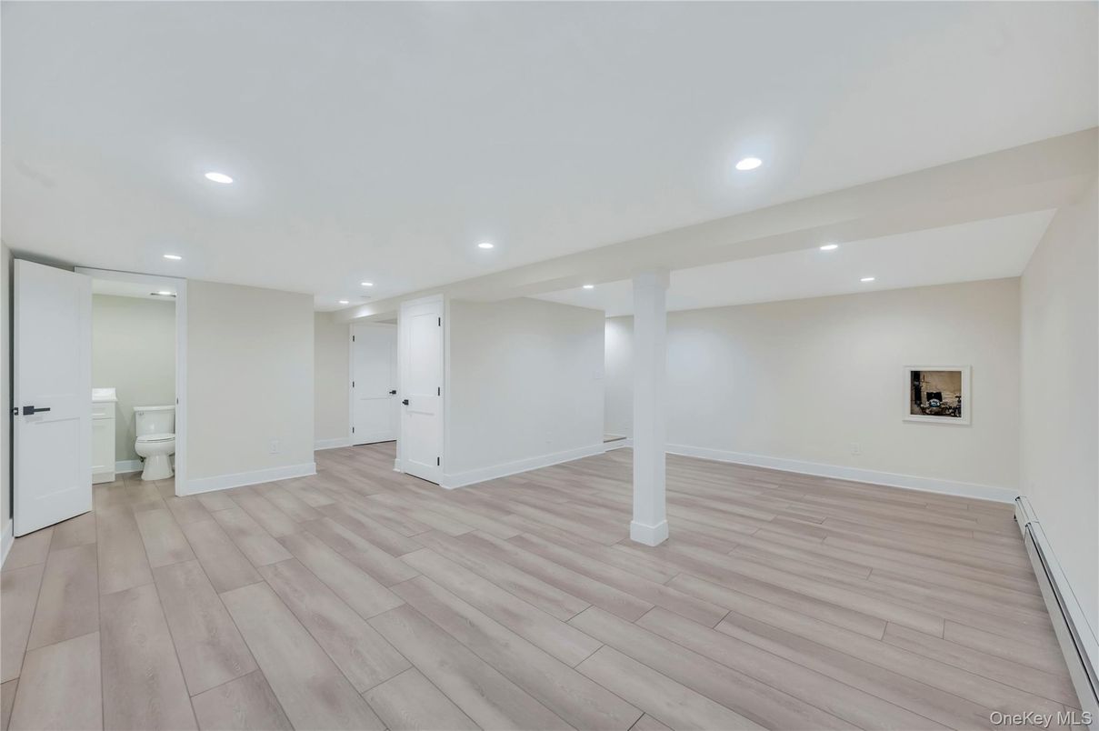 Bathroom, Empty room, Interior, Recessed Lighting, Wood Texture Flooring