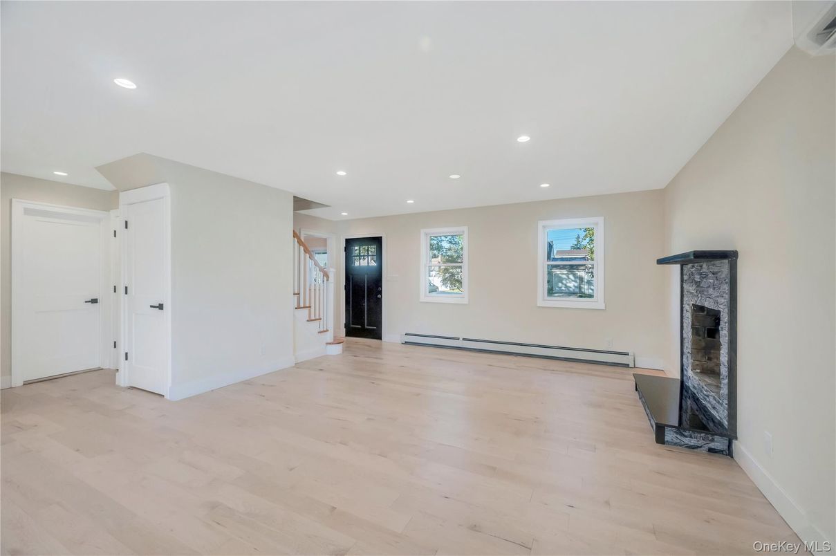 Empty room, Fireplace, Interior, Recessed Lighting, Wood Texture Flooring