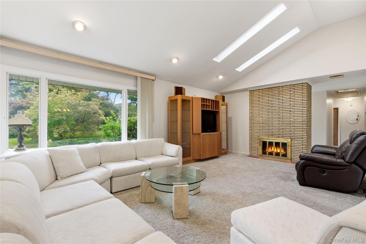 Fireplace, Interior, Living room, Recessed Lighting, Stone Walls