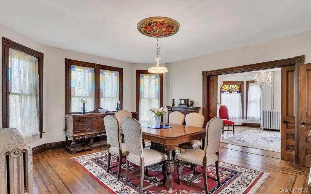 Dining room, Interior, Pendant Lights, Wood Texture Flooring