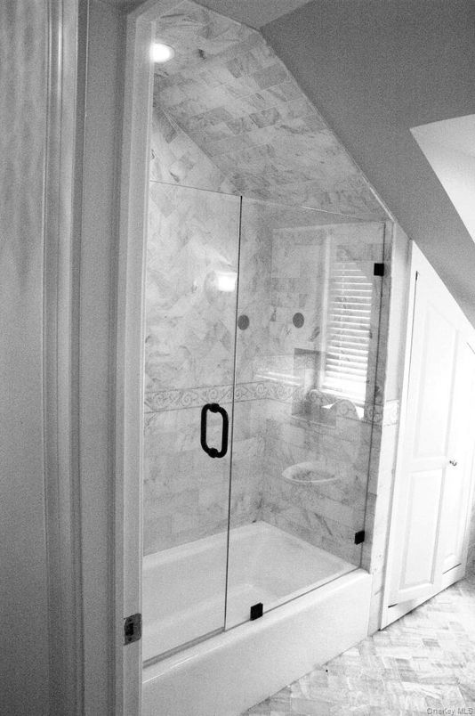 Bathroom, Glass Shower, Interior, Marble Walls, Recessed Lighting