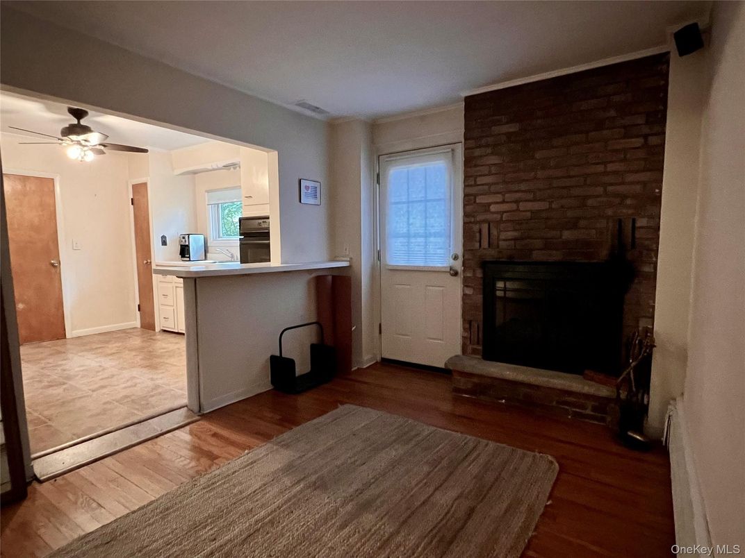 Fireplace, Interior, Kitchen, Stone Walls, Wood Texture Flooring