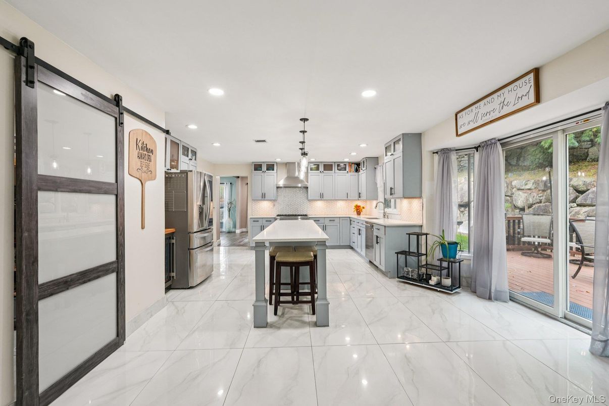 Interior, Kitchen, Marble, Pendant Lights, Recessed Lighting, Stainless Steel Appliances