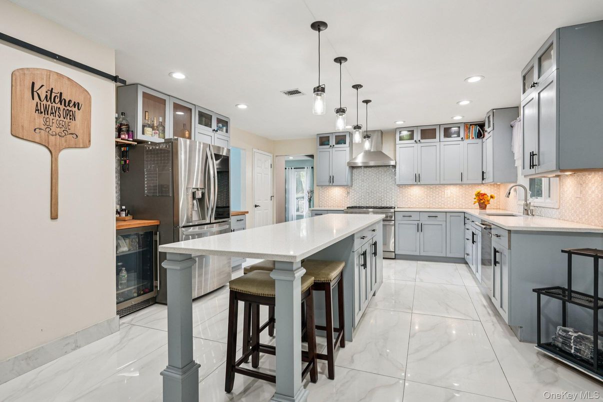 Interior, Kitchen, Marble, Pendant Lights, Recessed Lighting, Stainless Steel Appliances