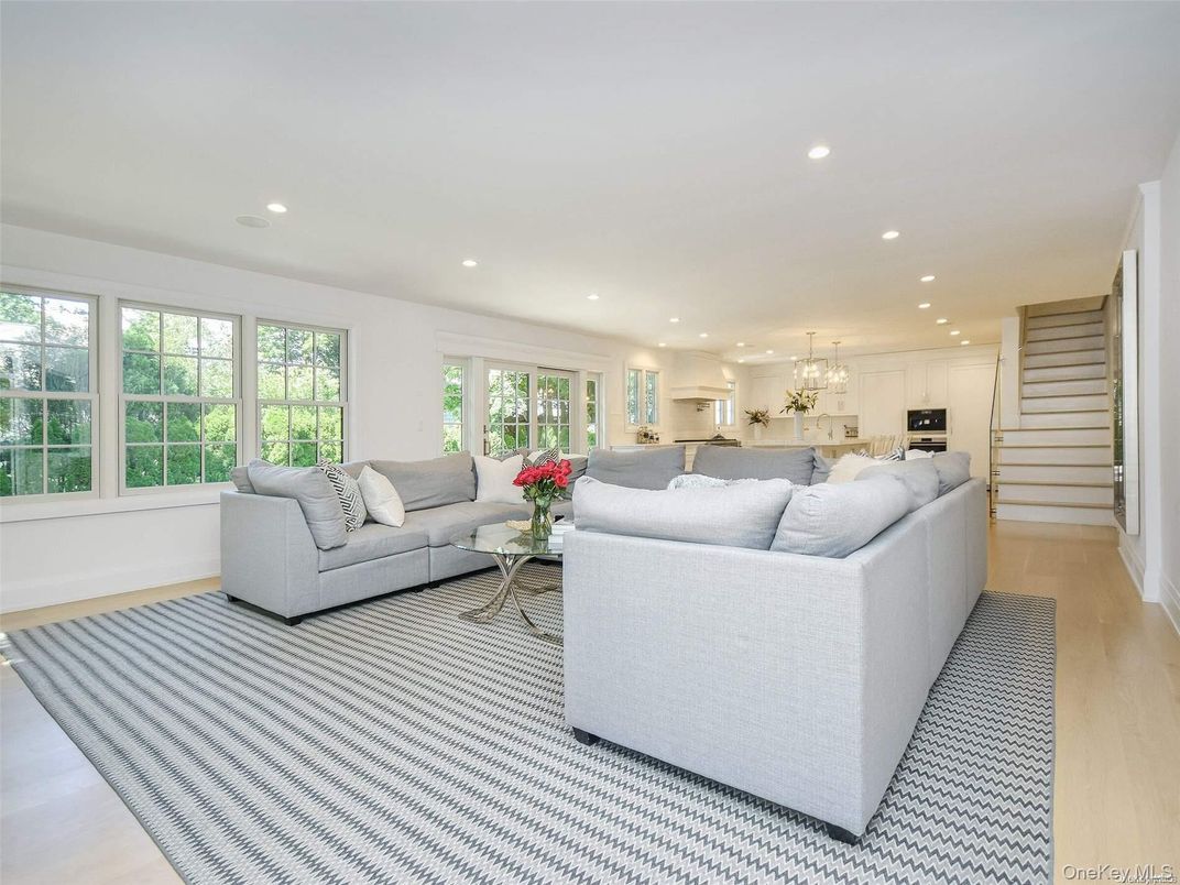 Chandelier, Interior, Kitchen, Living room, Recessed Lighting, Stainless Steel Appliances, Wood Texture Flooring