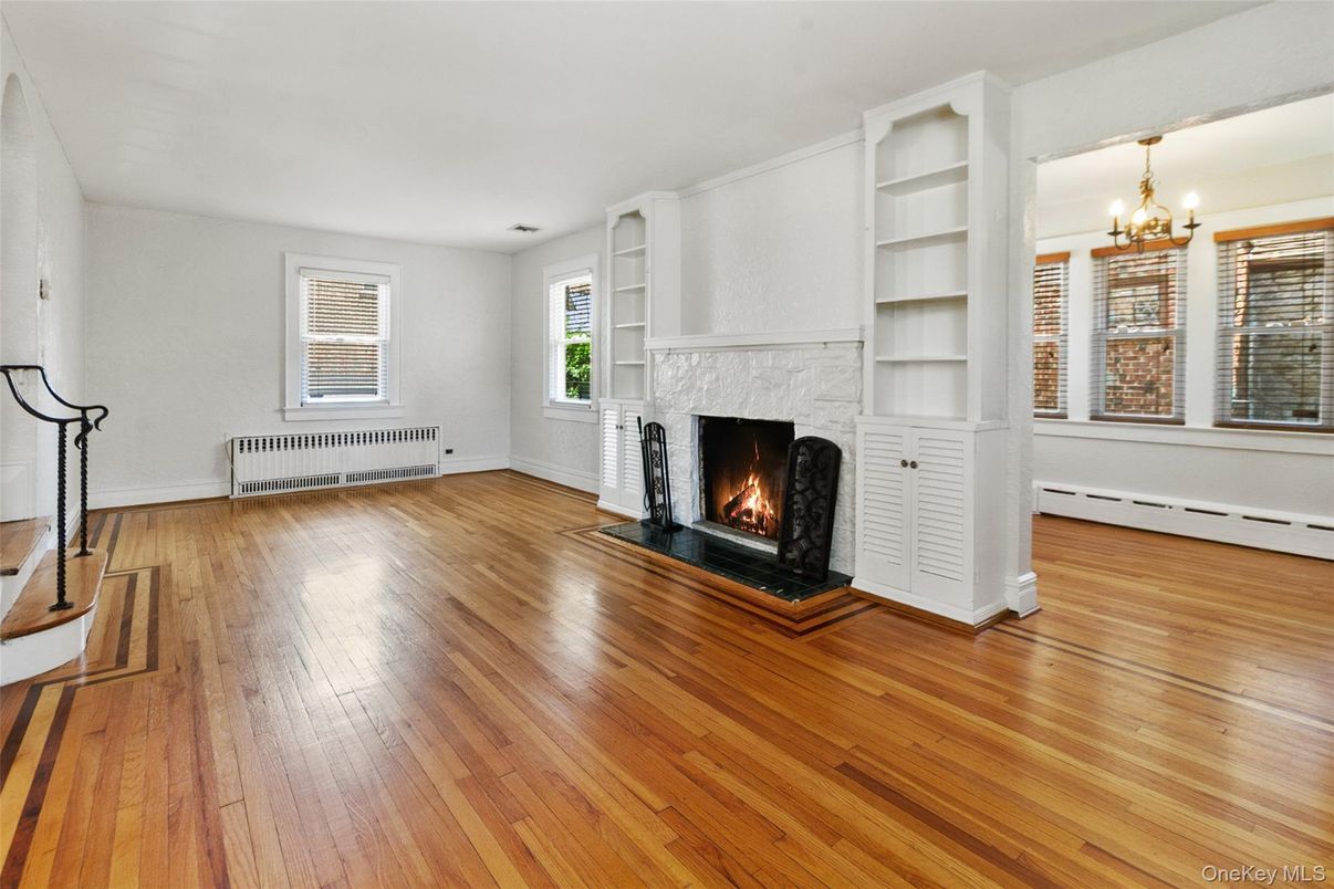 Chandelier, Empty room, Fireplace, Interior, Wood Texture Flooring