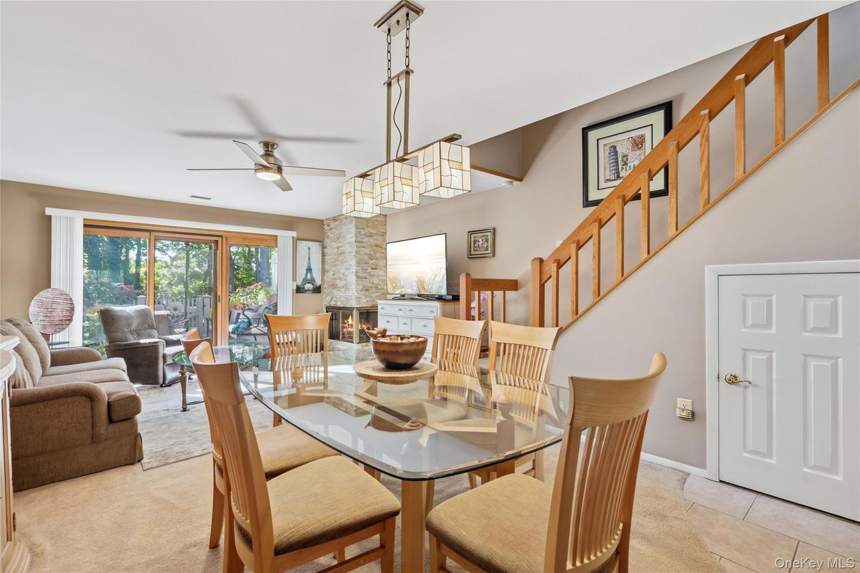 Dining room, Fireplace, Interior, Pendant Lights