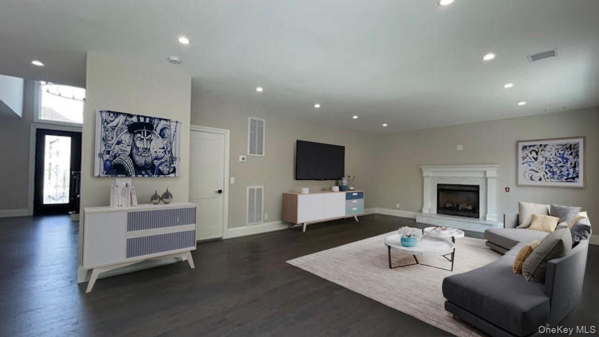 Fireplace, Interior, Living room, Recessed Lighting, Wood Texture Flooring