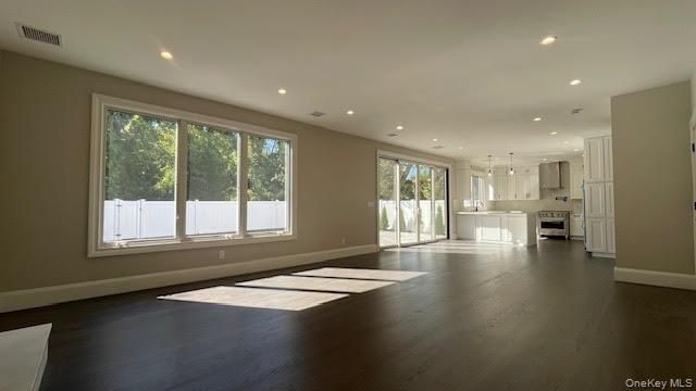 Empty room, Interior, Kitchen, Pendant Lights, Recessed Lighting, Stainless Steel Appliances, Wood Texture Flooring