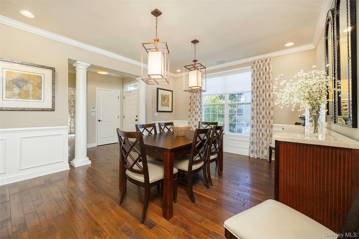 Dining room, Interior, Pendant Lights, Recessed Lighting, Wood Texture Flooring