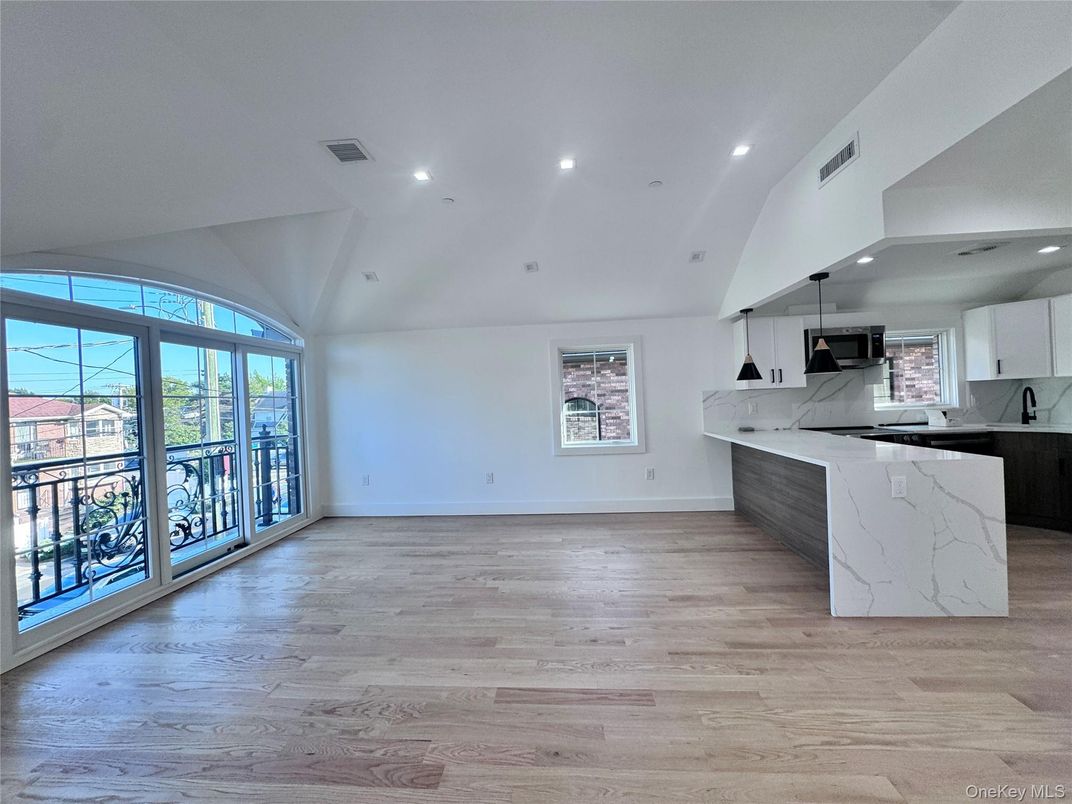 Interior, Kitchen, Marble Walls, Recessed Lighting, Wood Texture Flooring