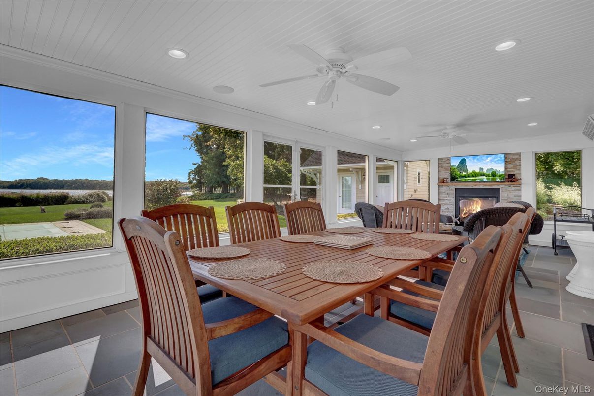 Dining room, Fireplace, Interior, Recessed Lighting, Sun Room