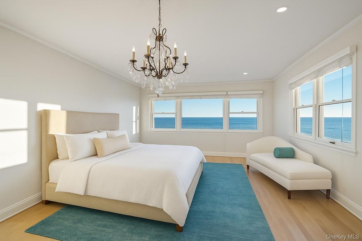 Bedroom, Chandelier, Interior, Recessed Lighting, Water, Wood Texture Flooring
