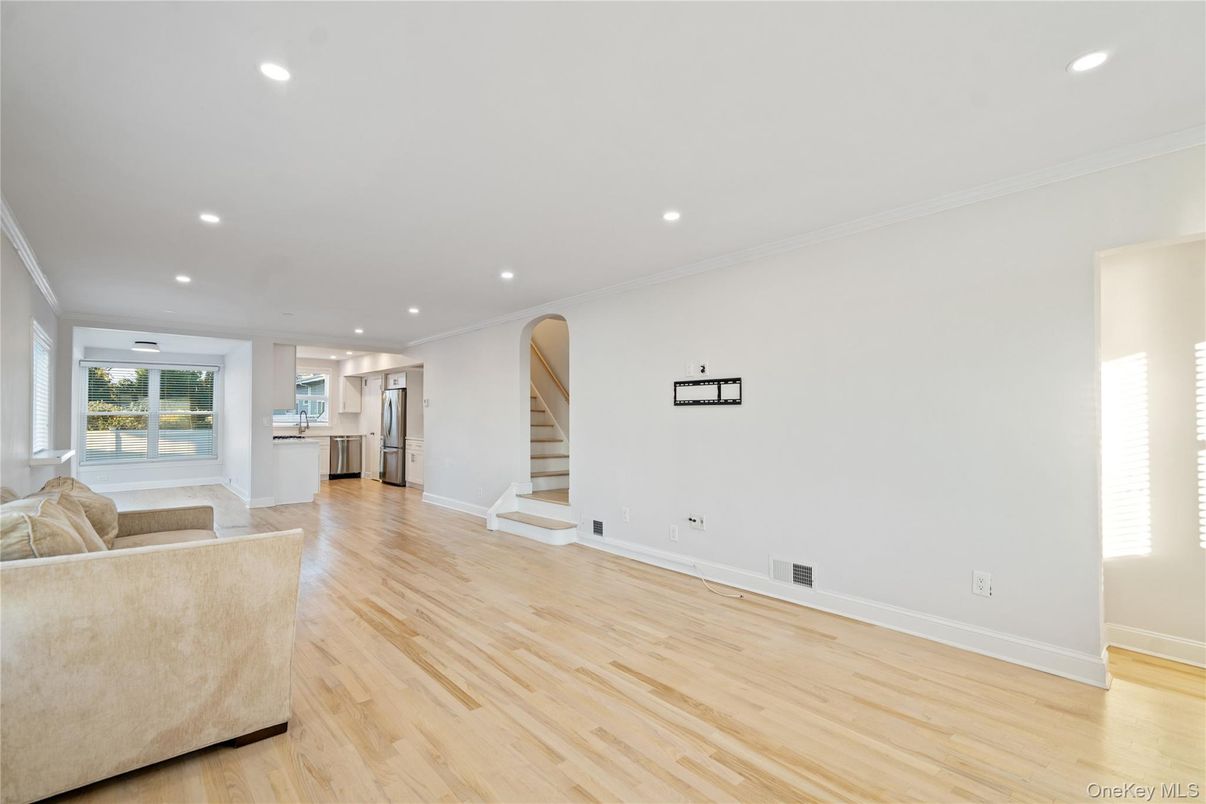 Empty room, Interior, Kitchen, Living room, Recessed Lighting, Wood Texture Flooring