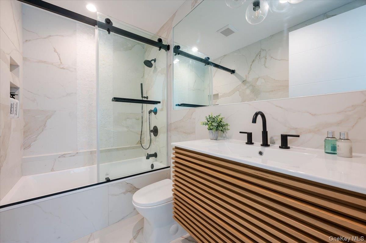 Bathroom, Glass Shower, Interior, Marble Walls, Recessed Lighting