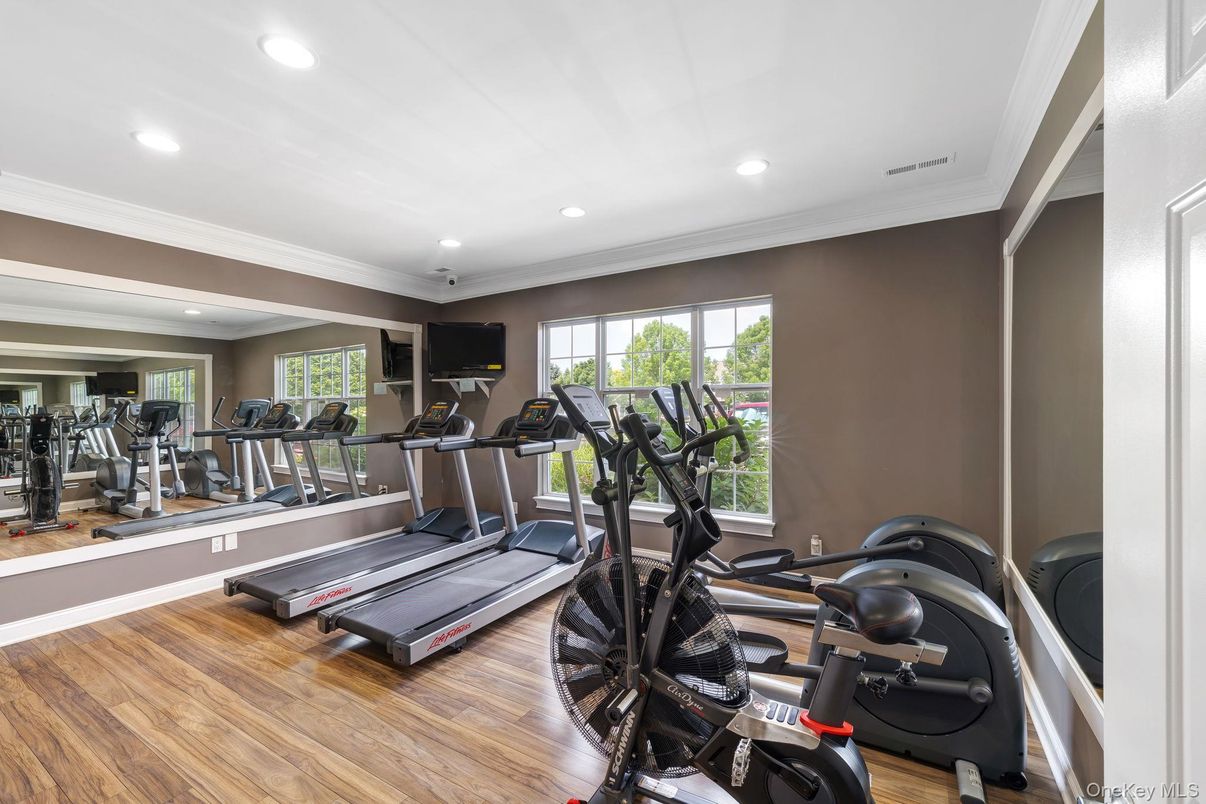 Fitness Equipment, Gym, Interior, Recessed Lighting, Wood Texture Flooring