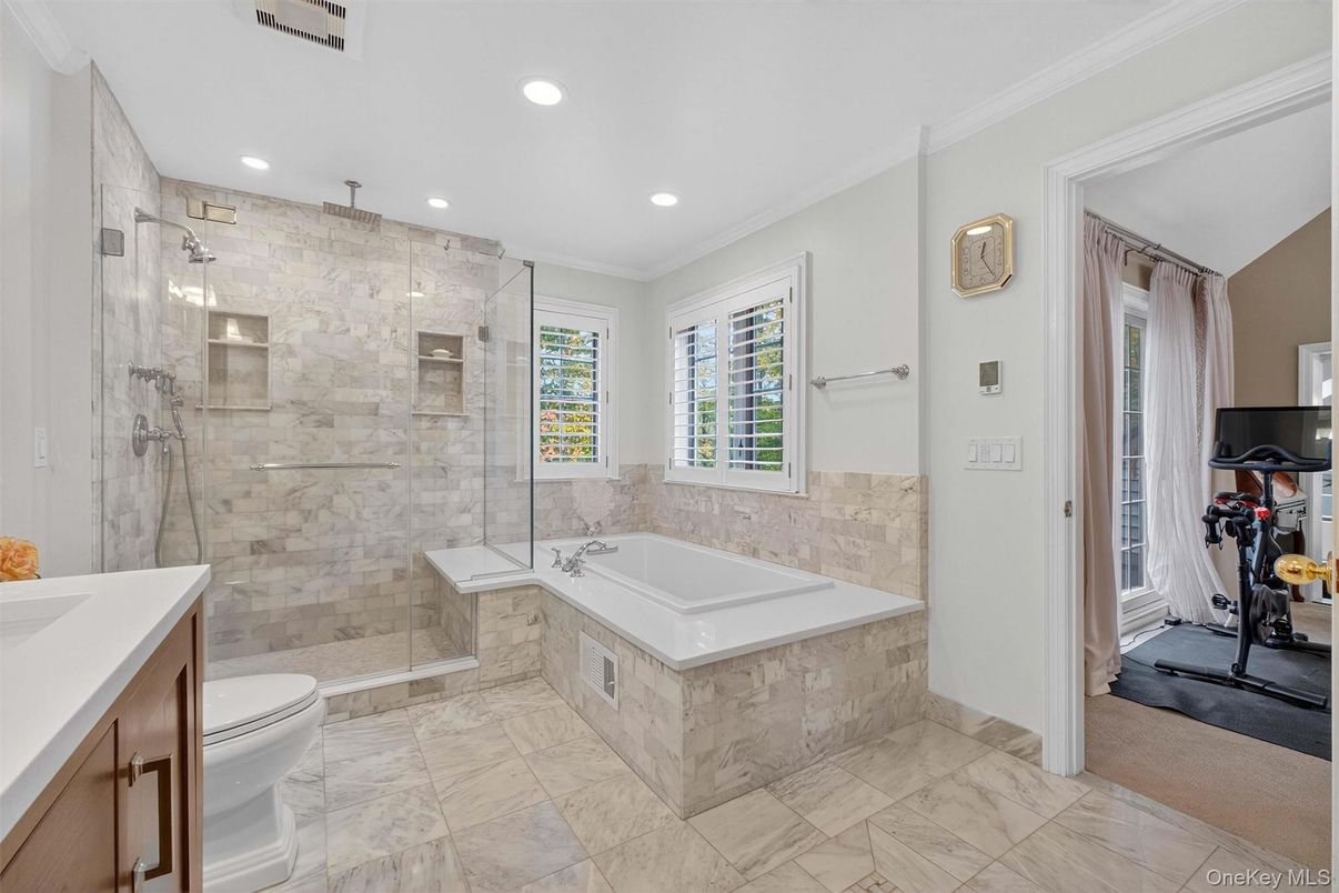 Bathroom, Glass Shower, Interior, Marble, Recessed Lighting