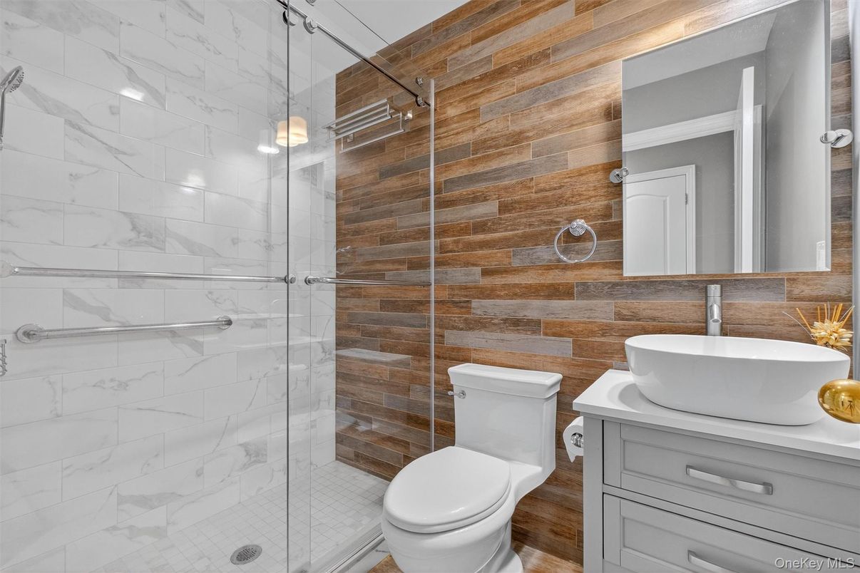 Bathroom, Glass Shower, Interior, Marble Walls, Wooden Walls