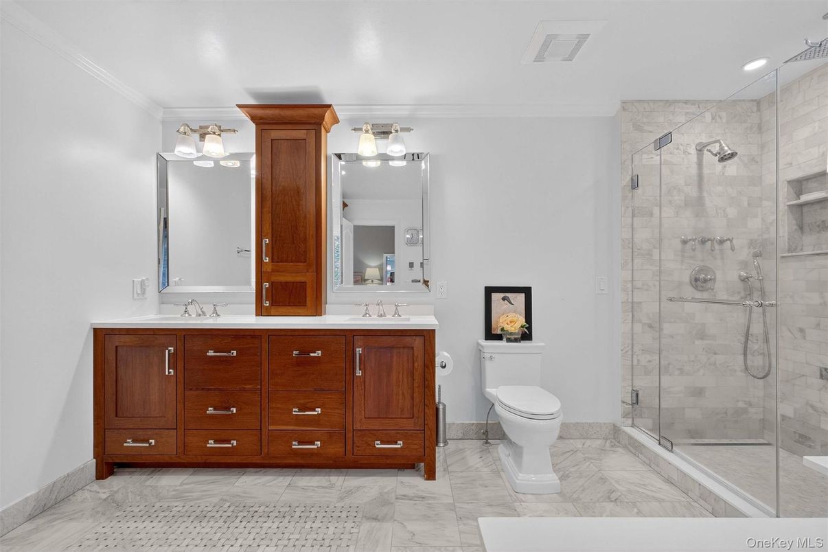 Bathroom, Dual Sink Vanities, Glass Shower, Interior, Marble, Recessed Lighting