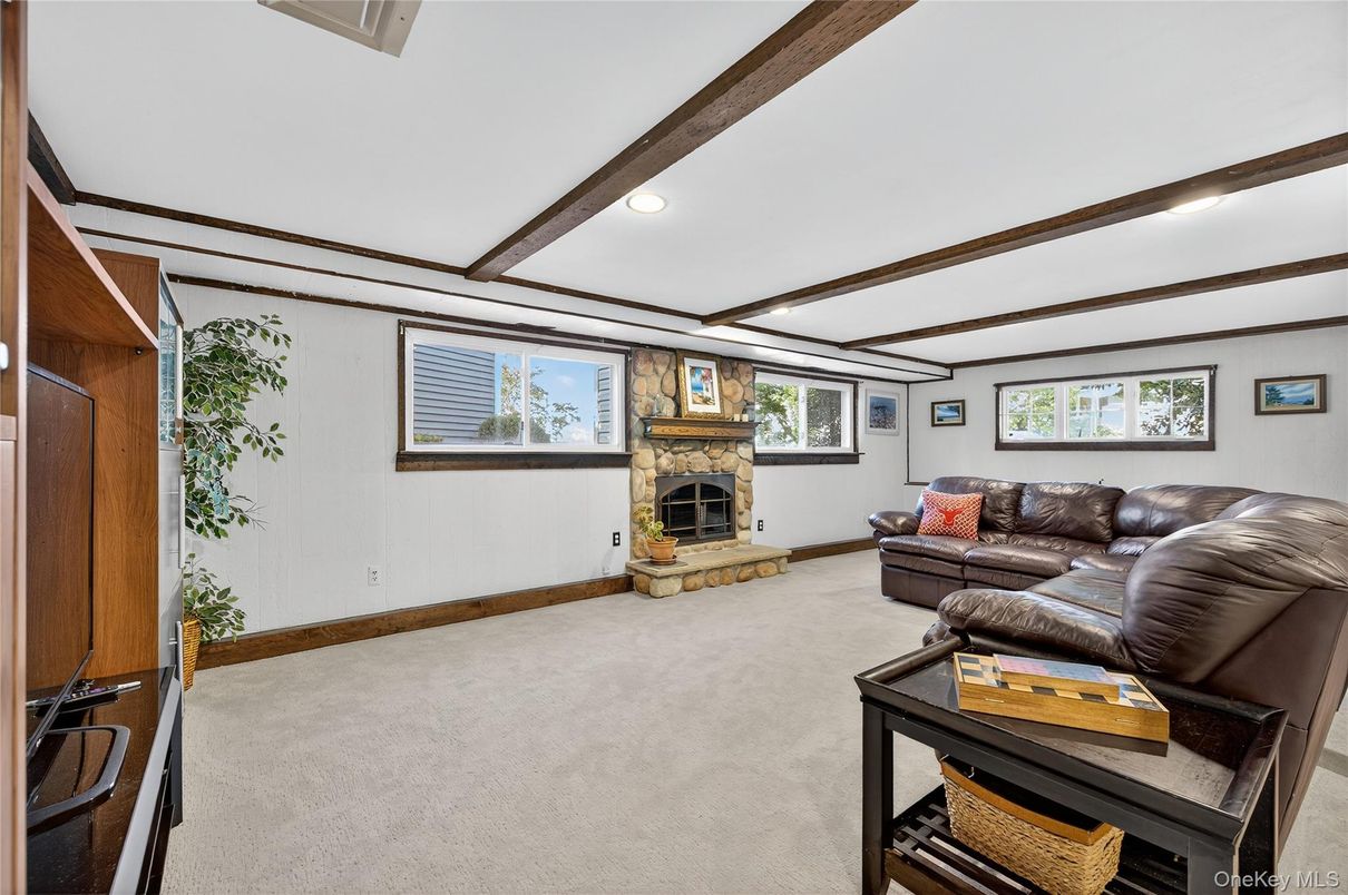 Fireplace, Interior, Living room, Recessed Lighting, Wooden Beams