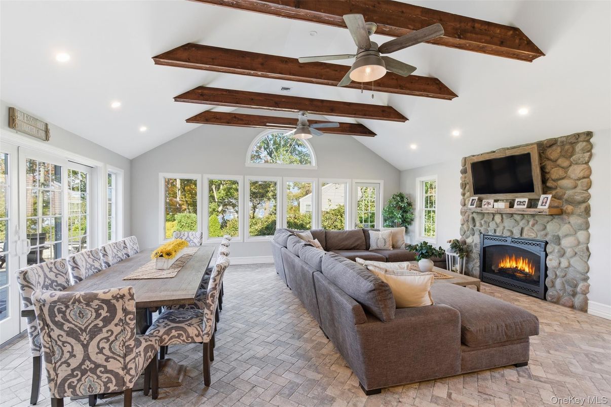 Dining room, Fireplace, Interior, Living room, Recessed Lighting, Wooden Beams